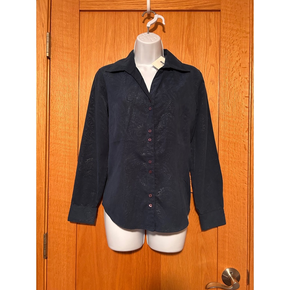 NEW Vintage Keren Hart Navy Blue Paisley Jacquard Button Down Blouse Size Small